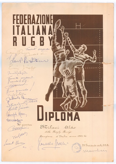 Diploma di campione d'Italia 1954 autografato dai compagni di squadra del Rovigo